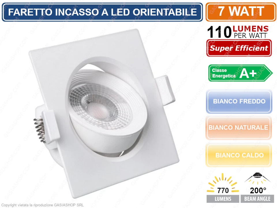 FARO FARETTO LED DA INCASSO QUADRATO 7W SMD 2835 CON TESTA ORIENTABILE 770 LUMEN - Immagine 1 di 1