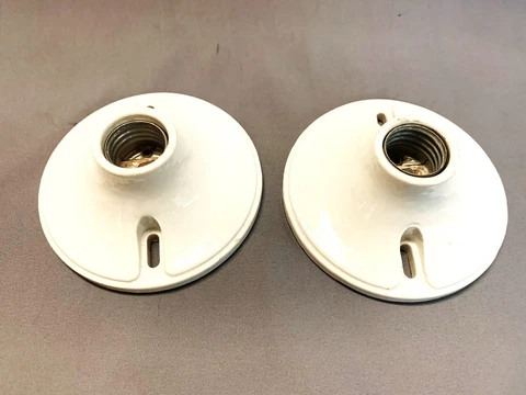Pair of Vintage White Ceramic Ceiling Light Fixtures Flush Mount Single Bulb Cover