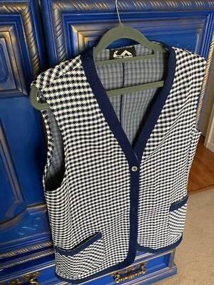 Chaleco Jack Winter Años 70 Para Mujer Pata de Gallo Abotonable-Grande Azul Blanco Foto 1 de 3