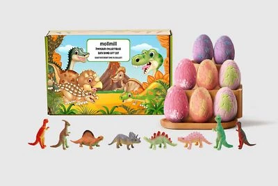 DINOSAUR BATH BOMBS GIFT SET HANDMADE FIZZY SCENTED VEGAN SURPRISE TOY 8 PIECE - Image 1 of 4