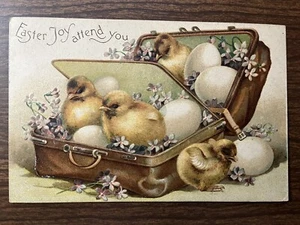 Easter Postcard ~ Chicks, Egg, Suitcase, Flowers ~ DB, Posted 1909, Embossed - Picture 1 of 2