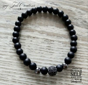 Men's Black Copper beads & Cubic zirconia Adjustable Strand Bracelet Gift - Picture 1 of 3