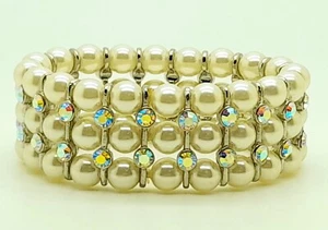 WIDE 8MM CREME GLASS PEARL 3Strands CLEAR AB RHINESTONE Stretch FASHION BRACELET - Picture 1 of 5