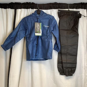 Frogg Toggs Kids Polly Woggs Blue Black Hooded Rain Jacket & Pants Size Medium - Picture 1 of 8