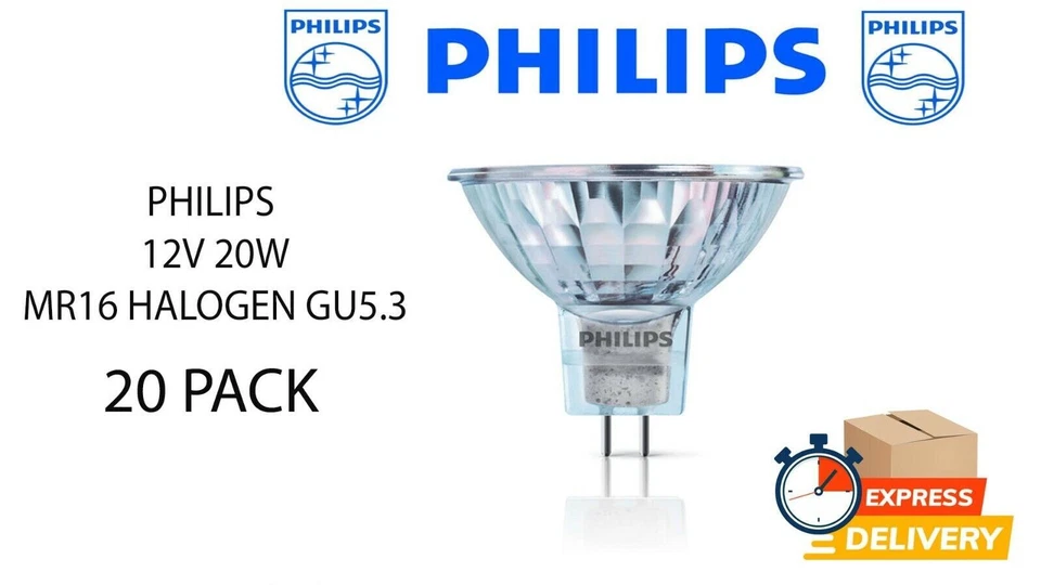 20 X PHILIPS 12V 20 WATT MR16 DIMMABLE HALOGEN LAMP BULB SPOT WHITE LOW VOLTAGE - Image 1 of 1
