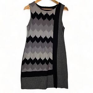 PHILOSOPHY Knit Dress Size 12 Black Grey Pattern Panels Soft Stretch Made in Aus