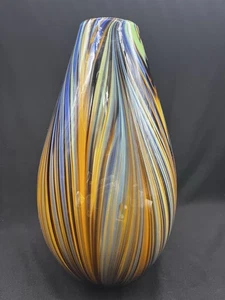 Vintage mundgeblasene Kunstglas Vase mehrfarbig Wirbel gezogene Feder 13 Zoll Studio Dekor - Bild 1 von 5