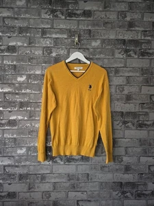 U.S. Polo Assn V Neck Jumper Men’s S Mustard Yellow 100% Cotton Knit Sweater - Picture 1 of 6