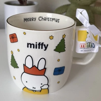 NUEVO Taza de café de cerámica Miffy Feliz árbol de Navidad regalos vacaciones con borde dorado Foto 1 de 4