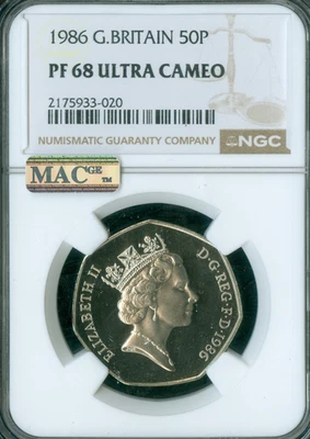 1986 GREAT BRITAIN 50 PENCE NGC PF68 UCAM  MAC 2ND FINEST GRADE SPOTLESS . - Image 1 of 2