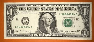 VERY RARE X4 6666 *MIRROR* 2009 $1 One Dollar Bill- 666 [L 94666694 I] - Picture 1 of 12