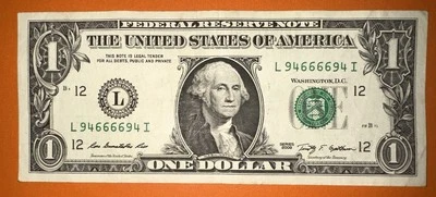 VERY RARE X4 6666 *MIRROR* 2009 $1 One Dollar Bill- 666 [L 94666694 I] - Image 1 of 4