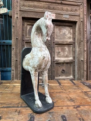 1800's Ancient Old Wooden Craved White Painting Rare Horse Bracket Figure - Image 1 of 4