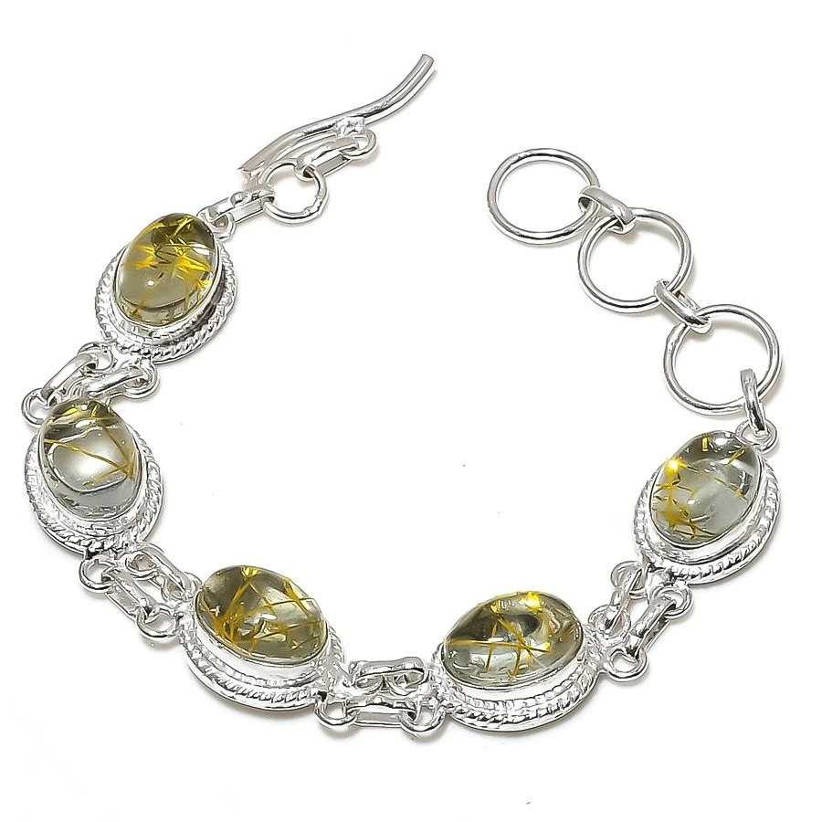 Rutilated Quartz Gemstone 925 Sterling Silver Jewelry Bracelet Size 7-8" - Image 1 of 1