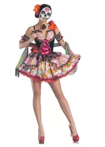 DAY OF THE DEAD DIA DE LOS MUERTOS ADULT WOMENS SEXY COSTUME MEXICO SKELETON - Picture 1 of 2