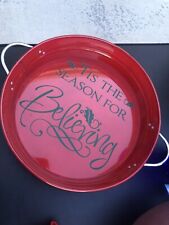 Red Metal 13” Serving Tray W/ Silver Handles And Vinyl Lettering Holiday Message
