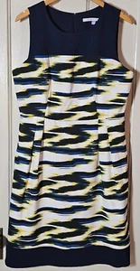 Luxe Carmen Marc Valvo Dress Women Sz. 14 Navy Blue Gold Pockets Career Cocktail - Picture 1 of 18