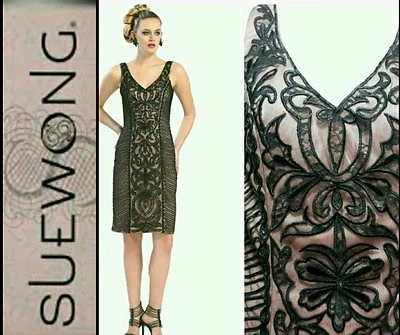 $428 Vestido de Cóctel SUE WONG Negro Encaje Adorno Apliques Soutache ~ 8 M3020 Foto 1 de 4