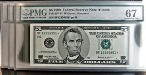 1999 $5 FR Notes Fr#1987-F* PMG 67 Superb Gem UNC BF13556951* 10 note series - Picture 1 of 1
