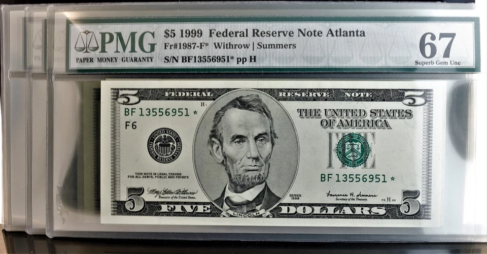 1999 $5 FR Notes Fr#1987-F* PMG 67 Superb Gem UNC BF13556951* 10 note series - Image 1 of 1