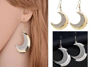 1 PAR DE CLIPONES DE RESORTE O PENDIENTES DE GOTA COLGANTES DE PLATA / ORO / LUNA NEGRA PERFORADOS - Imagen 1 de 5