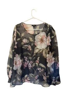 Alfani Black Floral Print Top Blouse Bell Sleeve Jewel Neck - size XL - Picture 1 of 2