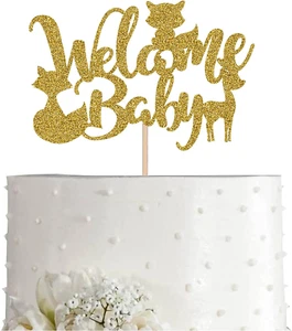 Woodland Welcome Baby Cake Topper, Gold Glitter Girl Boy Animal Baby Shower Part - Picture 1 of 12