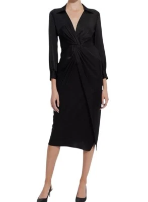 Theory Womens Black Satin Sheath Dress Size 8 Twist-Front Long-Sleeve V Neck - Image 1 of 4