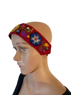 Handmade Peruvian Red Multi Floral Embroidered Wool Headband Hair Accessory Peru - Image 1 of 4