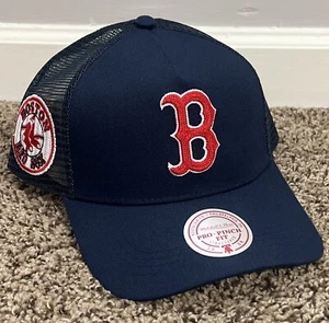 Boston Red Sox Mitchell & Ness Navy Blue Pro Pinch Fit Mesh Patch Snapback Hat - Picture 1 of 7