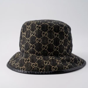 size M - Gucci Denim Bucket Hat Black GG Monogram Washed Jacquard Leather brim - Picture 1 of 7