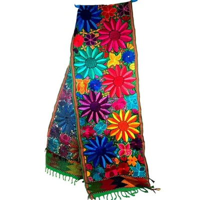 Mexican Handmade Traditional Woven Embroidered Bright Floral Table Runner 96X17 - Image 1 of 4