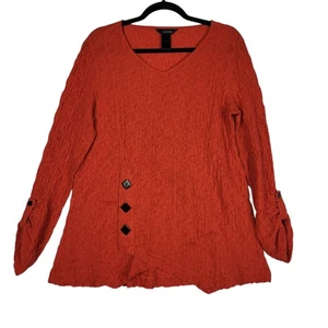 Ali Miles Top Women's Medium Red Orange Crinkle Artsy Roll Tab Sleeve V Neck - Picture 1 of 8