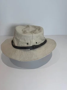 Cappello M&S Safari Bucket Uomo Taglia XL Beige Cotone Bordo Pelle Vacanze Estive - Foto 1 di 5