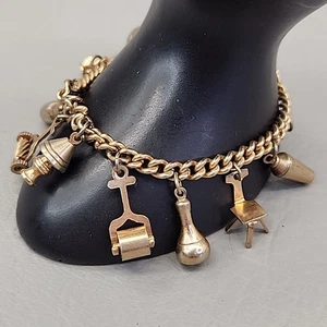 Vintage Charm Bracelet Gold Filled Roller Lamp Bottle Glass Cup Chair 7" 36.37gr - Picture 1 of 10
