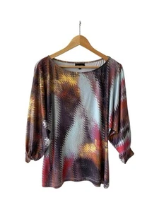 Vintage HOWARD SHOWERS Multicoloured Print Top Size 8 Stretch 3/4 Sleeves - Picture 1 of 7
