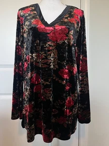 Top de terciopelo floral Venezia para mujer talla 18/20 cuello en V negro rojo elástico manga larga - Imagen 1 de 7