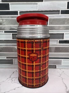 Vintage Red Thermos Brand - Black & Yellow Plaid Print Vacuum Bottle W/ Cap Lid - Picture 1 of 6