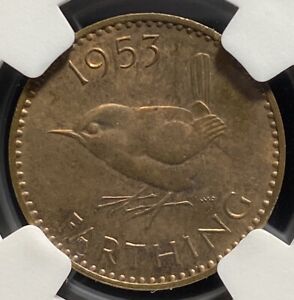 G BRITAIN 1953 Queen Elizabeth II Coronation PROOF, 1/4P Farthing Coin NGC PF63