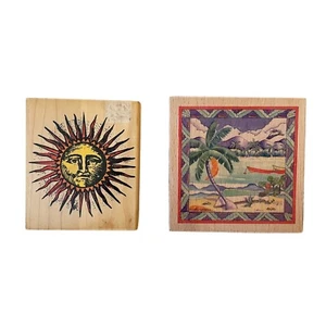 Inkadinkado Sun Whispers Tropical Beach Vintage Rubber Stamps 2 Wood Block 4”x4” - Picture 1 of 3