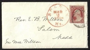 US 1860 BOSTON MAR 3 1860 MS IN RED TYING Sc 26 BROWNISH CARMINE ON COVER TO - Picture 1 of 1
