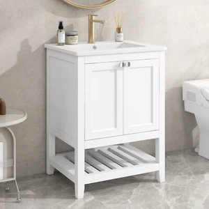 60 cm Waschbecken mit Unterschrank, Badmöbel Set Freistehend Keramik Waschtisch - Bild 1 von 16
