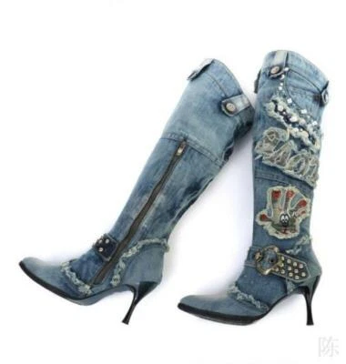 Womens Fashion Youth Denim Stiletto Pointy Toe Thigh High Riding Over Knee Boots - Image 1 of 4
