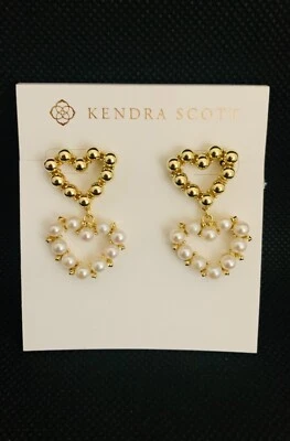 $98 KENDRA SCOTT ASHTON 14K GOLD HEART 1.5" STATEMENT EARRINGS FRESHWATER PEARL - Image 1 of 4