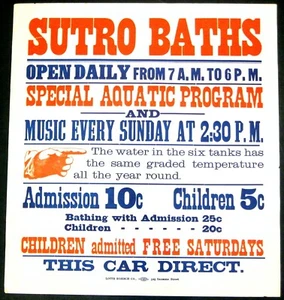SUTRO BATHS~RARE 1897 SAN FRANCISCO 17"x18" ANTIQUE STREETCAR ADVERTISING POSTER - Picture 1 of 5