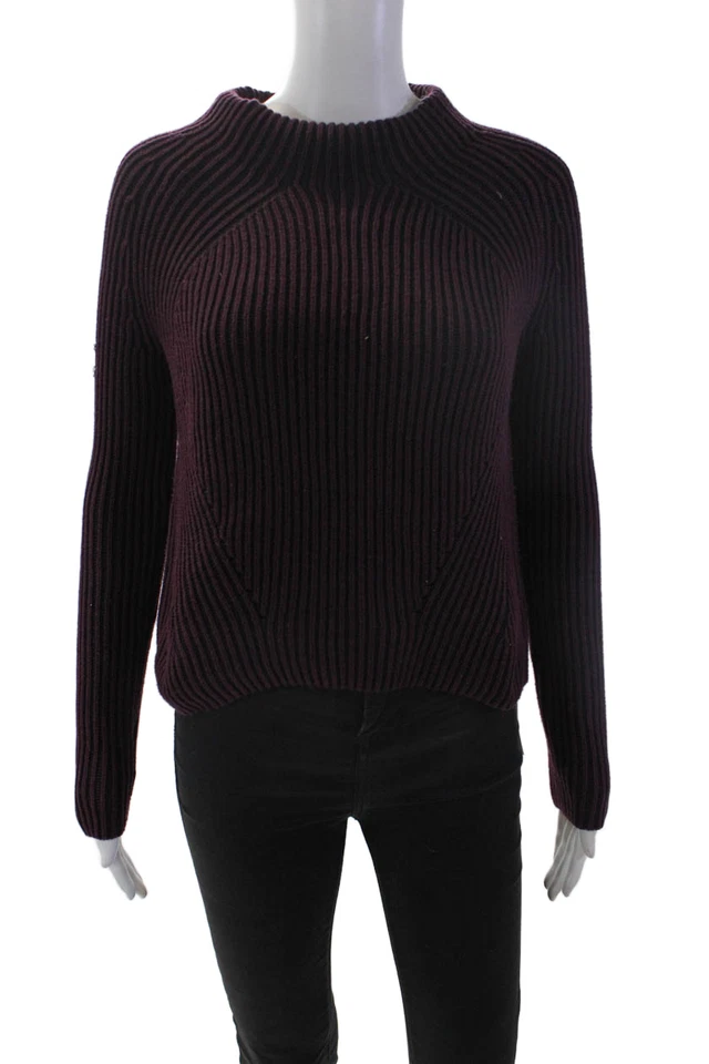 Athleta Womens Long Sleeve Mock Neck Striped Ribbed Sweater Purple Black 2XS - Image 1 of 4