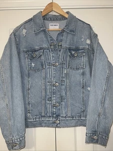 OLD NAVY Boyfriend Distressed Denim Jean Trucker Jacket Blue Women's Size L - Picture 1 of 11