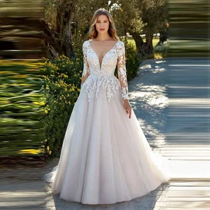 Elegante Prinzessin Brautkleider V-Ausschnitt Langarm Spitze Applikation Brautkleider - Bild 1 von 9