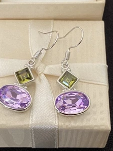 Simulated Purple Amethyst Green Peridot Silver Tone Drop Dangle Earrings Pretty - Picture 1 of 8