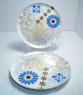 Меламиновые тарелки MCM стиль синий и коричневый цветочный набор из 4 Zak Designs 10» ужин - Изображение 1 из 4